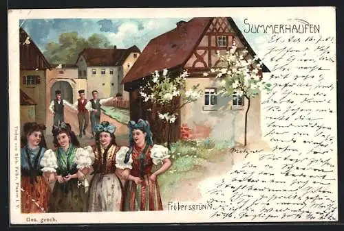 Lithographie Fröbersgrün, Summerhaufen, Ortsansicht, Mädchen in Tracht