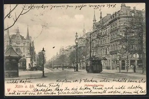 AK Köln, Strassenbahn auf dem Hohenzollernring, Litfasssäule, Pferdekutsche