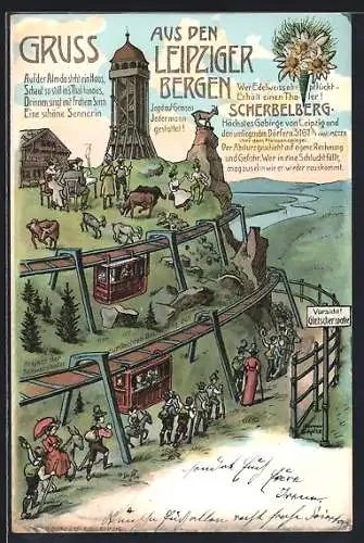 Künstler-AK Leipzig, Schwebebahn auf den Scherbelberg, Jagd auf Gemsen gestattet