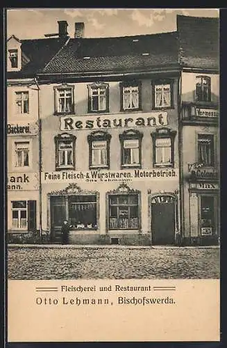 AK Bischofswerda, Fassade von Fleischerei u. Restaurant Otto Lehmann