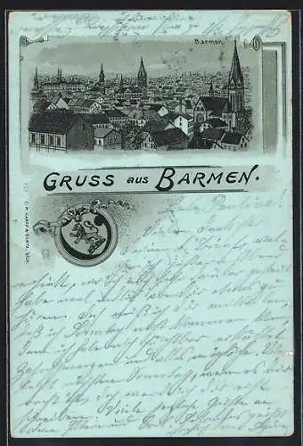 Lithographie Barmen, Teilansicht mit Kirche