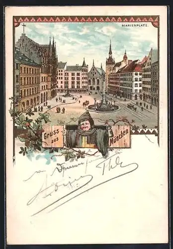 Lithographie München, Marienplatz mit Denkmal, Münchner Kindl