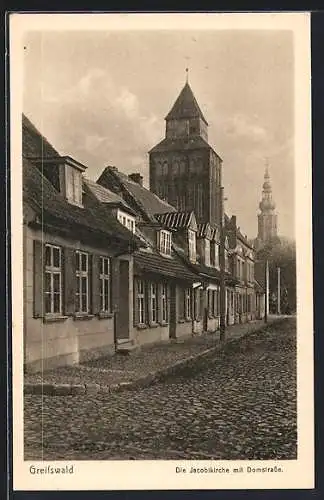 AK Greifswald, Jacobikirche mit Domstrasse