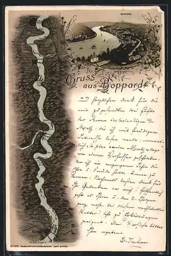 Lithographie Boppard, Teilansicht mit Engers, Coblenz und Bonn