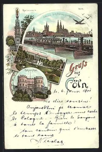 Lithographie Köln, Mariensäule, Flora-Garten, Hahnenthor, Cöln v. der Schiffsbrücke gesehen