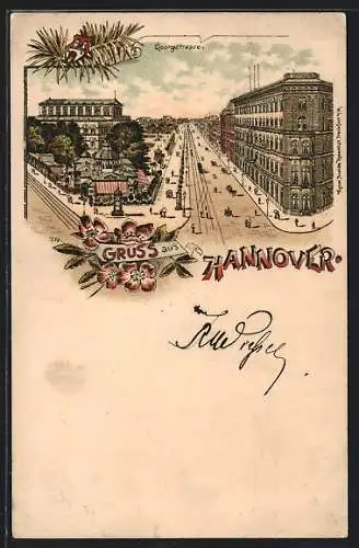 Lithographie Hannover, Georgstrasse aus der Vogelschau