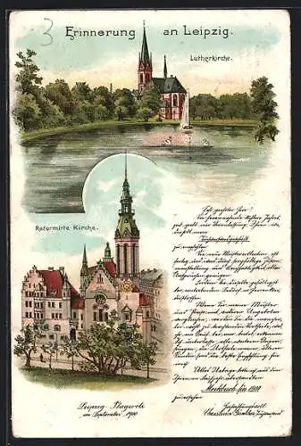 Lithographie Leipzig, Uferpartie mit Lutherkirche und Reformierte Kirche