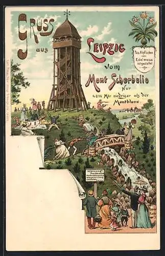 Lithographie Leipzig, Aussichtsturm auf dem Mont Scherbelio, satirische Szenen der Ausflugsgäste