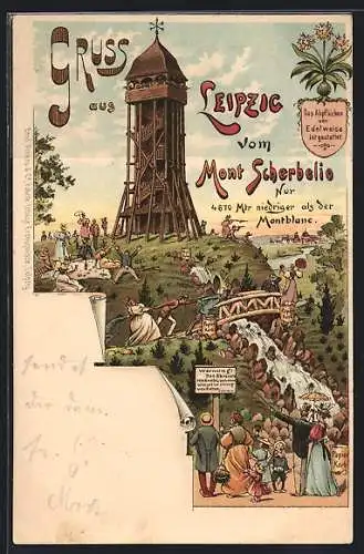 Lithographie Leipzig, Aussichtsturm auf dem Mont Scherbelio, satirische Szenen der Ausflugsgäste