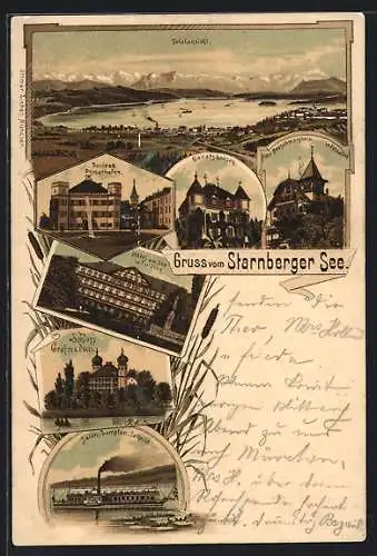 Lithographie Tutzing /Starnberger See, Totalansicht, Schloss Posserhofen, Hotel Neuschwanstein in Feldafing