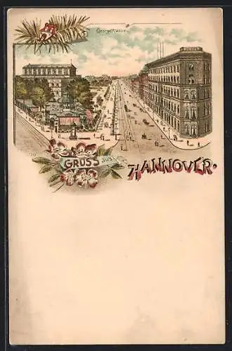 Lithographie Hannover, Georgstrasse mit Strassenbahn