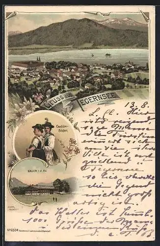 Lithographie Tegernsee, Gasthaus Bauer i. d. Au, Mädchen in Tracht, Panorama