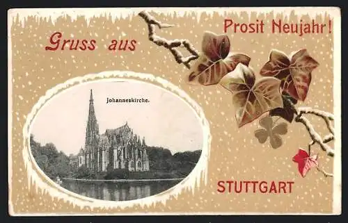 Präge-AK Stuttgart, Johanneskirche, winterliches Passepartout mit Efeu