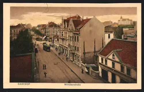 AK Castrop, Münsterstrasse mit Strassenbahn aus der Vogelschau