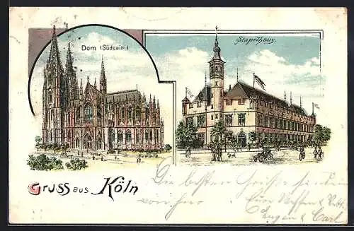 Lithographie Köln, Südseite vom Dom, Stapelhaus