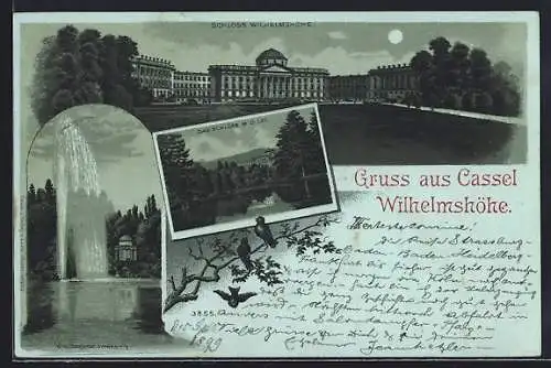 Mondschein-Lithographie Cassel, Wilhelmshöhe, Schloss, Grosse Fontaine