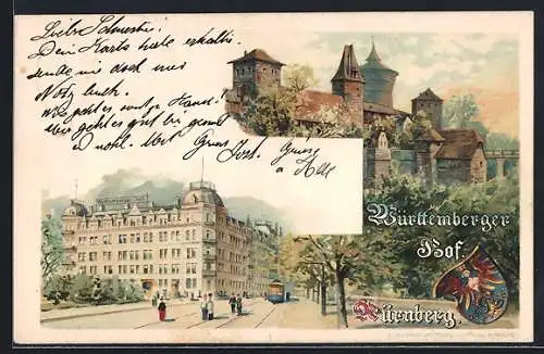 Lithographie Nürnberg, Württemberg Hof und Burg