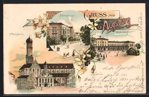 Lithographie Augsburg, St.Ulrichskirche, Bahnhofstrasse, Bahnhof