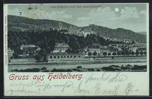 Mondschein-Lithographie Heidelberg, Schloss von der Hirschgasse betrachtet