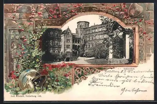 Präge-AK Heidelberg, Schlosshof, lithographiertes Passepartout