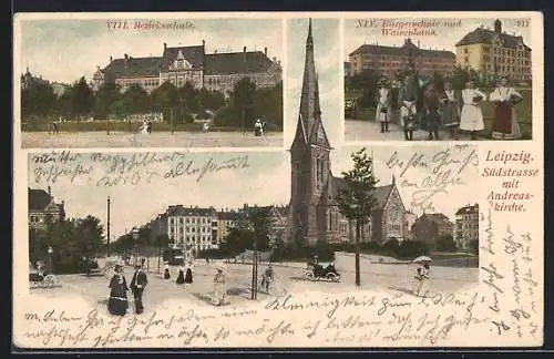 AK Leipzig, Südstrasse mit Andreaskirche, Bürgerschule und Waisenhaus