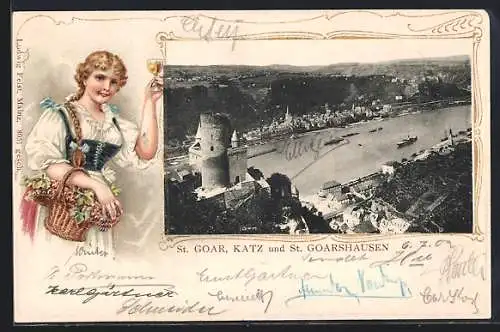 Passepartout-Lithographie St. Goar, Teilansicht mit Burg Katz und St. Goarshausen