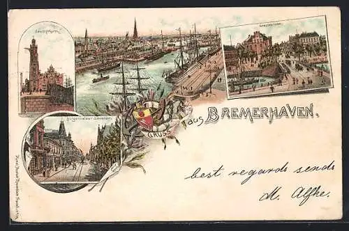 Lithographie Bremerhaven, Leuchtthurm, Geestebrücke