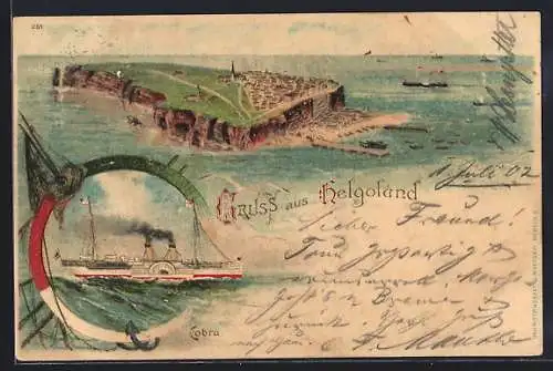 Lithographie Helgoland, Blick auf die Insel, Dampfer