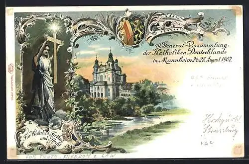 Lithographie Mannheim, 49. General-Versammlung der Katholiken Deutschlands 1902, Ortspartie u. Frau mit Kreuz