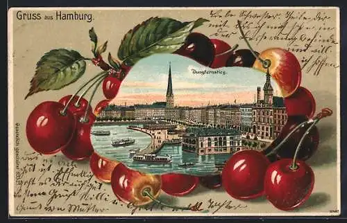 Passepartout-Lithographie Hamburg-Neustadt, Ortspartie am Jungfernstieg, Kirschen, Dampfer