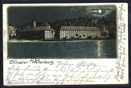 Lithographie Weltenburg, Blick auf das Kloster