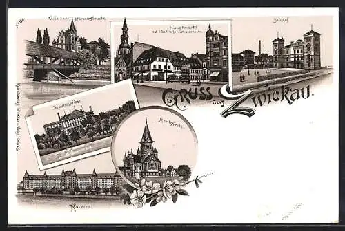 Lithographie Zwickau, Schwanenschloss, Hauptmarkt mit Strassenbahn, Bahnhof