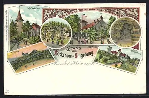 Lithographie Bockenem, Gasthof Jägerhaus, Königsthurm, Schloss Wohldenberg