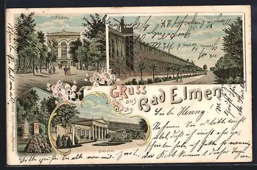 Lithographie Bad Elmen, Kurhaus, Gradierwerk, Lindenbad