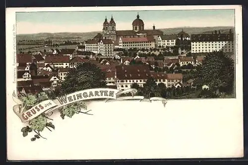 Lithographie Weingarten / Württ., Ortsansicht über die Dächer mit Bergen