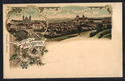 Lithographie Weingarten / Württ., Ortsansicht, Klosterkirche und Kaserne