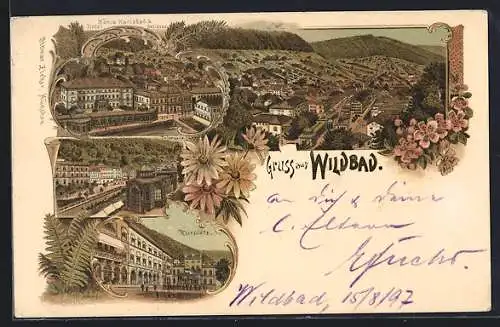 Lithographie Wildbad / Württ., Totalansicht, Kurplatz, Trinkhalle, König Karlsbad & Hotel Bellevue