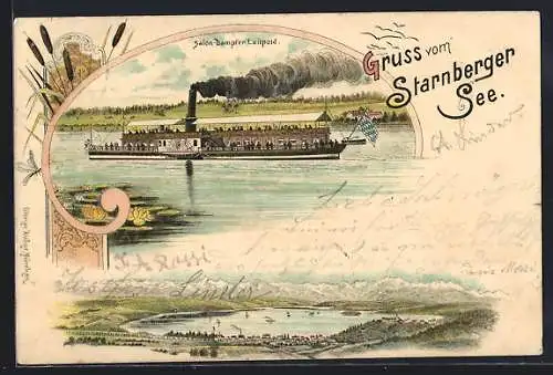 Lithographie Berg / Starnberger See, Salon-Dampfer Luitpold unter Volldampf