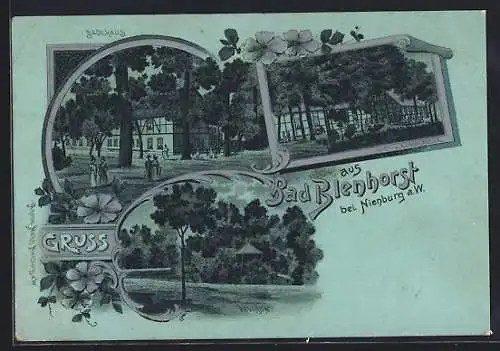 Mondschein-Lithographie Bad Blenhorst bei Nienburg, Badehaus und Logier- und Gasthäuser, Pavillon