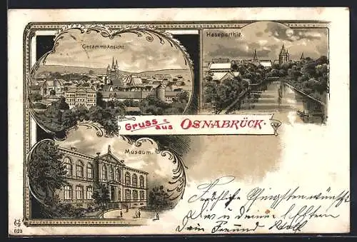 Lithographie Osnabrück, Museum, Hasepartie und Gesamtansicht