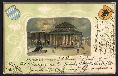 Passepartout-Lithographie München, Hoftheater mit Denkmal, Bayr. Wappen, Kindl-Wappen