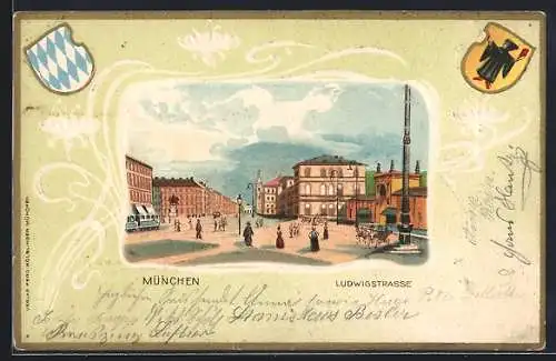 Passepartout-Lithographie München, Belebte Szene an der Ludwigstrasse, Stadt- und Landeswappen