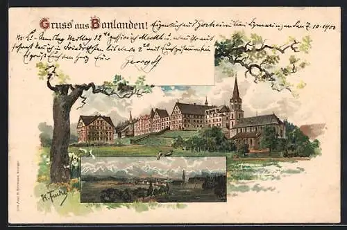 Lithographie Bonlanden / Berkheim, Panorama, Ortsansicht um 1900