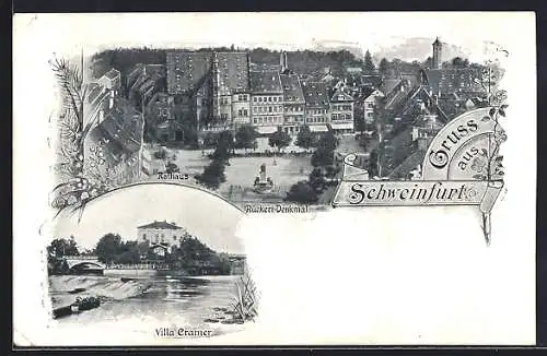 AK Schweinfurt, Rathaus, Villa Cramer und Rückert-Denkmal