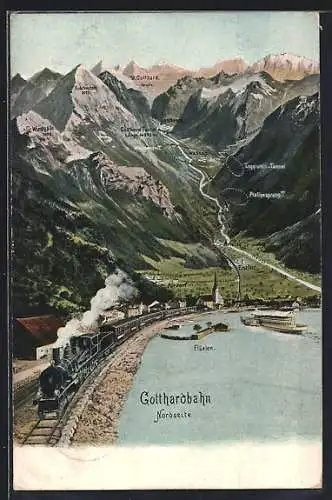 AK Flüelen, Gotthardbahn, Nordseite, schweizer Eisenbahn