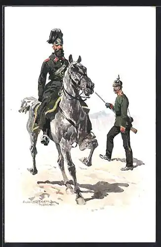 Künstler-AK Anton Hoffmann - München: Soldat mit Pickelhaube der K. B. Gendarmerie nebst Kamerad auf dem Pferd, 1873