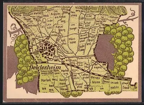 Künstler-AK Deidesheim, Stadtplan mit Mäushöhle, Lettengrube und Grundpfad, Weintrauben