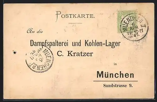 AK München, Dampfspalterei und Kohlen-Lager C. Kratzer, Sandstrasse 9