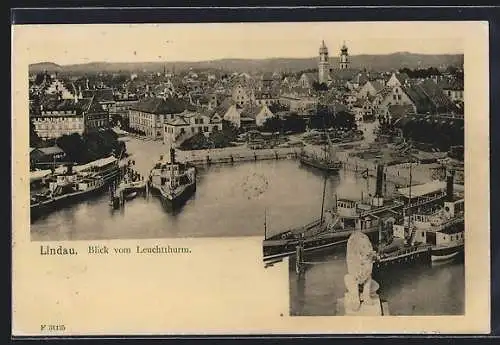 AK Lindau / Bodensee, Hafen mit Dampfer vom Leuchtturm gesehen