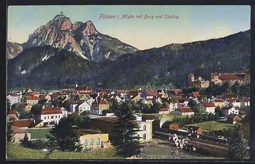 AK Füssen, Bahnhof und ein Teil vom Ort, Burg und Säuling